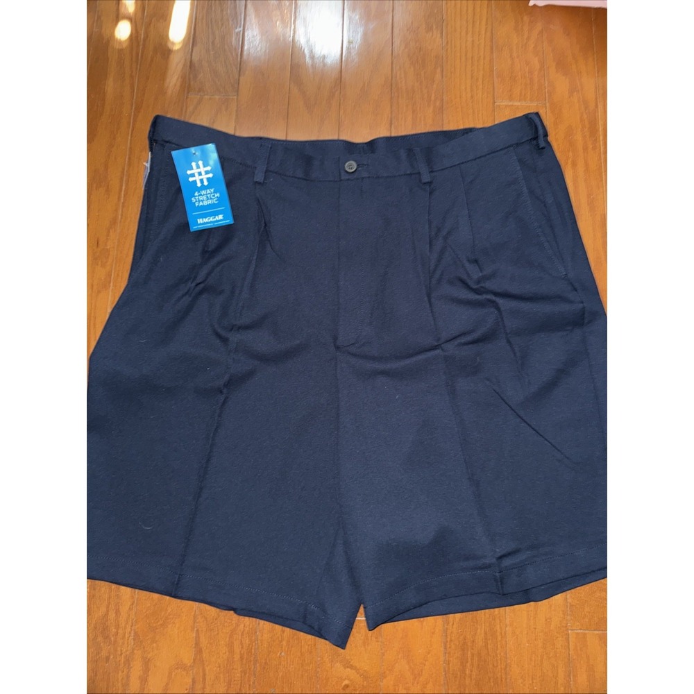 Haggar Shorts Mens 44W Cool 18 Pro Pleated Big Tall 4-Way Stretch Navy - NEW